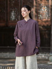 2026 Spring New Arrival: Retro Cotton-Linen Chinese-Style Stand-Collar, Color-Blocked, Button-Fastened, Wrap-Front Blouse for Women – Zen Tea Attire