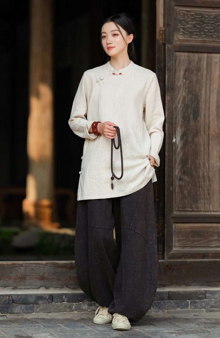 2026 Spring New Arrival: Retro Cotton-Linen Chinese-Style Stand-Collar, Color-Blocked, Button-Fastened, Wrap-Front Blouse for Women – Zen Tea Attire