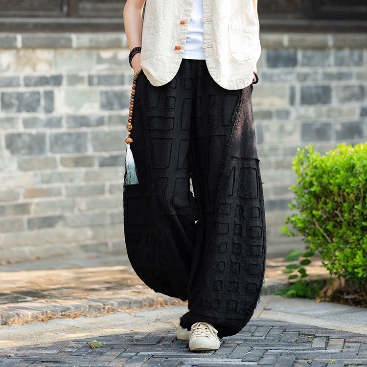 Original personality patchwork natural burlap linen lantern pants personality female wide-legged pants (fall and winter) 20240920