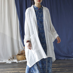 Loose Summer Solid Color Cotton  Linen Jacket ， White Cotton  Linen Kimono 20240803