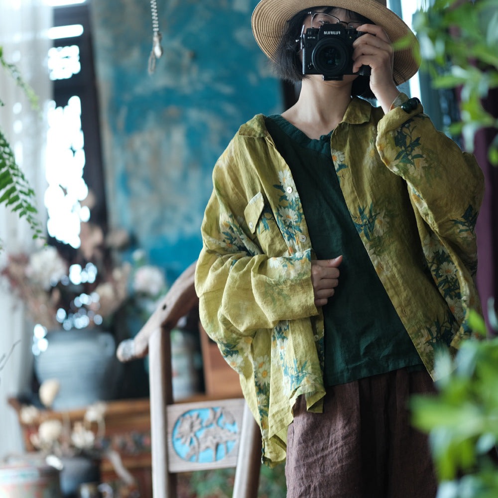Vintage Yellow Digital Print Pure Ramie Shirt, Summer Loose Casual Shirt 240621