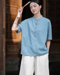 Original cotton  linen women's clothing, summer Chinese retro women's sandwashed cotton T-shirt 20240728