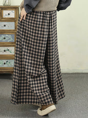 Loose-fitting cotton plaid wide-leg pants， Spring Vintage Plaid Wide-leg Pants