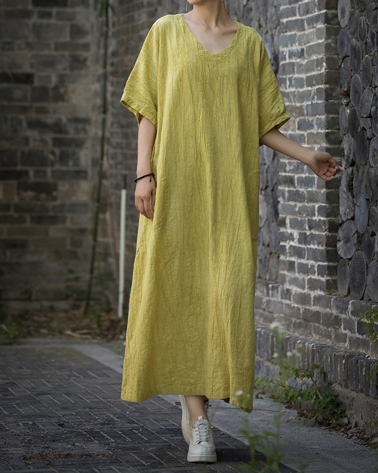 Women loose cotton linen dress plus, V-Neck Handmade Tie-Dye Dress,Loose Cotton Linen Dress 20240714