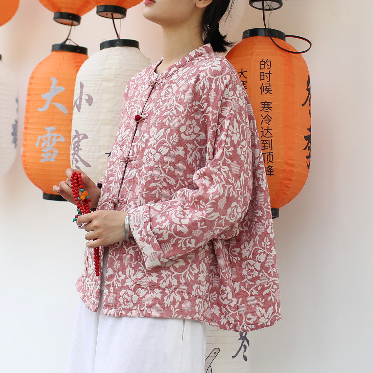 Vintage Chinese Standing Collar Loose Frog Button Shirt,  Printed  flower Cotton  Linen Jacket 20250408
