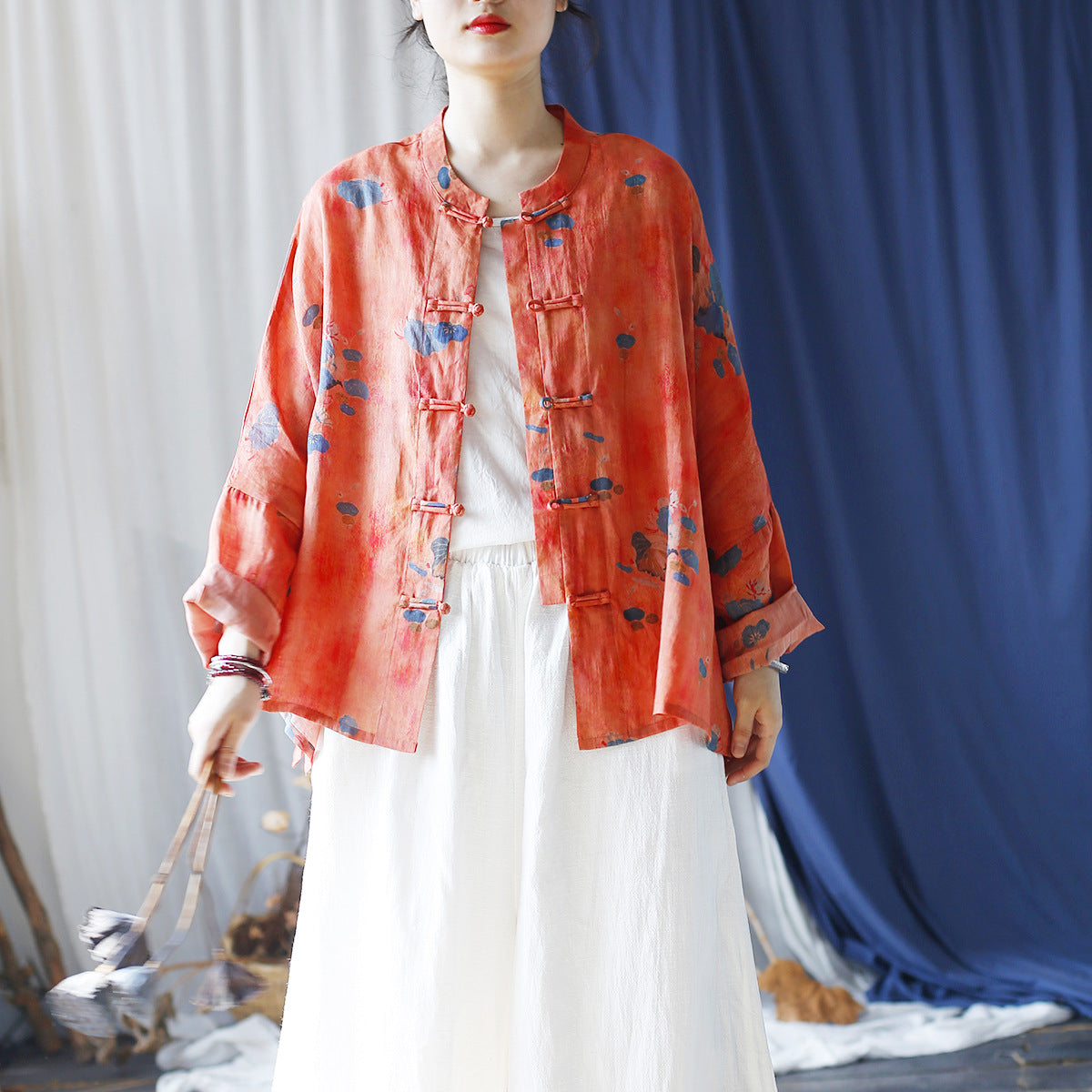 Printed Standing Collar Women Ramie Frog Button Shirt, Summer Vintage Loose Light Cardigan Plus size 20240802