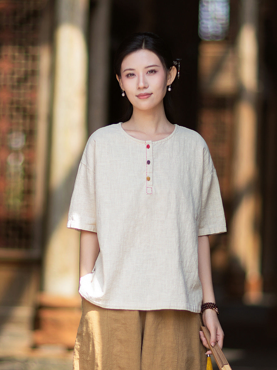 Round-Neck Chinese-Style Blouse: New Summer Style, Retro-Chic, Stitched Color-Blocking, Button-Front Short-Sleeve T-Shirt 20260511