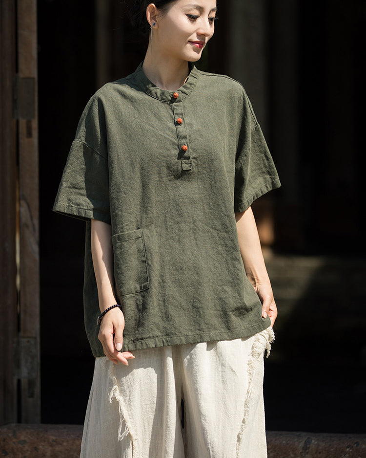 Summer Cotton Chinese t-shirt,cotton linen Washed Plate Button Women's Short Sleeve T-Shirt 20240714
