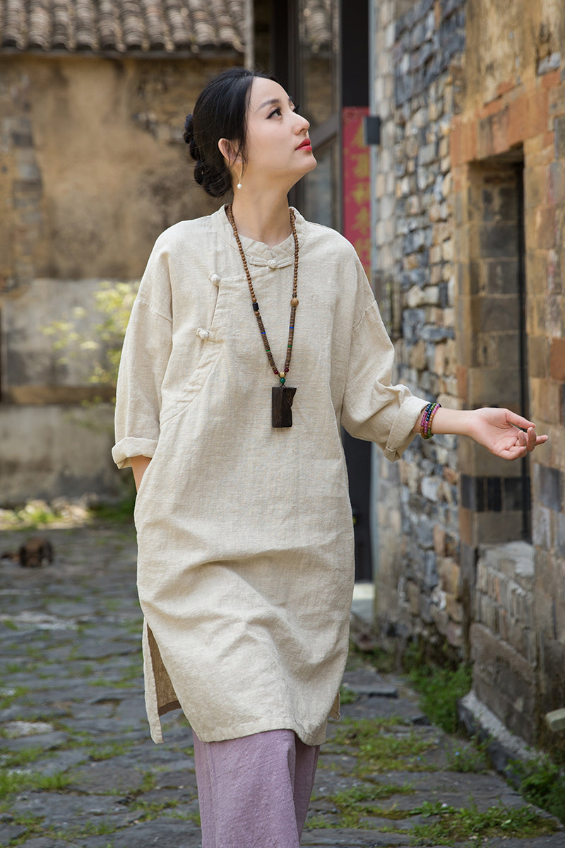 Women's summer Chinese loose frog button cheongsam, retro cotton  linen casual long shirt20250604