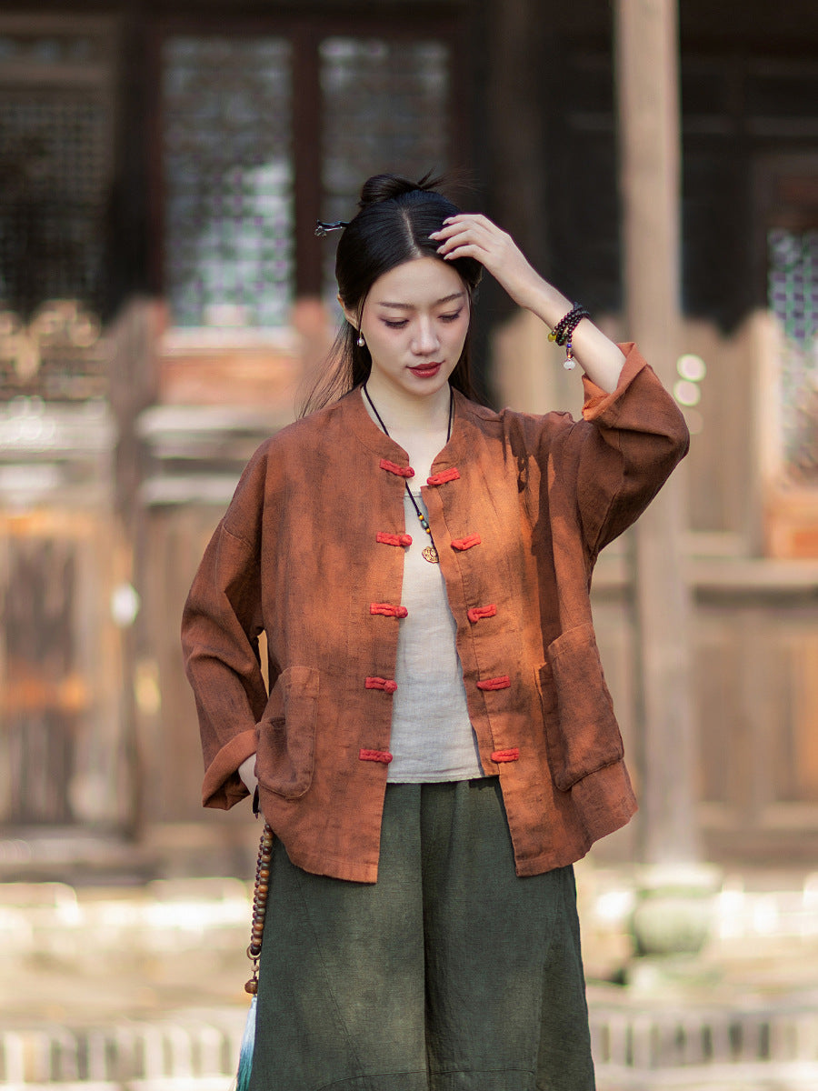 2026 Spring New Arrival: Vintage-inspired, distressed, sand-washed asymmetrical top; niche-style patchwork V-neck cotton-linen button-down cardigan