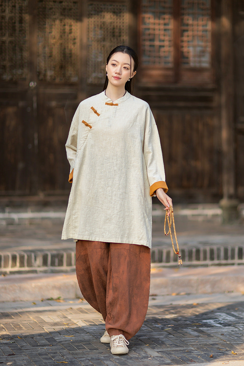 2026 Spring New Arrival: Retro Cotton-Linen Chinese-Style Stand-Collar, Color-Blocked, Button-Fastened, Wrap-Front Blouse for Women – Zen Tea Attire