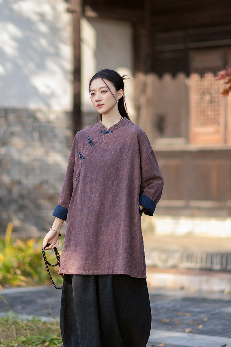 2026 Spring New Arrival: Retro Cotton-Linen Chinese-Style Stand-Collar, Color-Blocked, Button-Fastened, Wrap-Front Blouse for Women – Zen Tea Attire