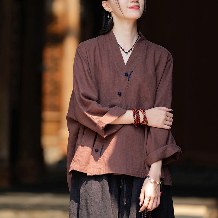 Women's Vintage Chinese Long Sleeve Cotton Linen Shirt with Embroidery V-Neck Loose Kimono 20240920