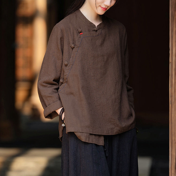 Women's Vintage Chinese Long Sleeve Cotton Linen Shirt with Embroidery Boat Neck Loose Casual Shirt 20240920