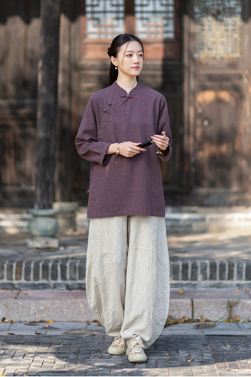 2026 Spring New Arrival: Retro Cotton-Linen Chinese-Style Stand-Collar, Color-Blocked, Button-Fastened, Wrap-Front Blouse for Women – Zen Tea Attire