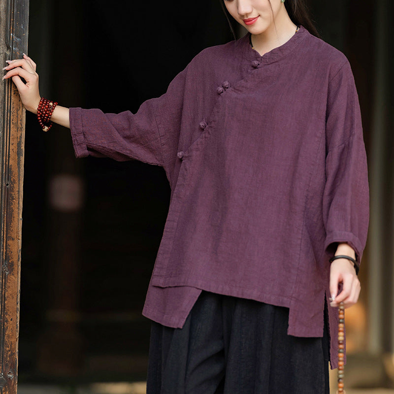 Women's Vintage Chinese Frog Button Long Sleeve Cotton Linen Shirt, Embroidery Standing Collar Splicing Irregular Loose Blouse 20240920