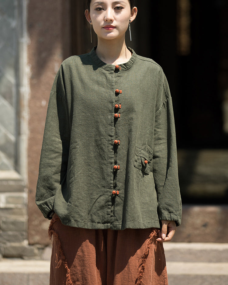 Summer cotton linen Chinese stand-up collar shirt, sandwashed frog button women's long-sleeved shirt 20240714