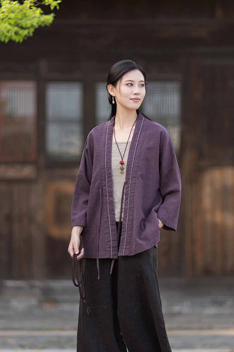 New Cotton-Linen Women's Vintage Zen-Inspired Ramie Tapered-Sleeve Tie-Front Cardigan, Loose-Fit Chinese-Style Jacket 20260511