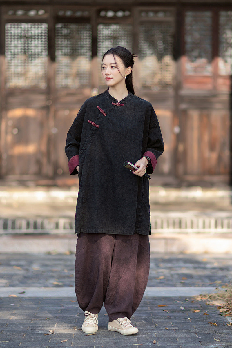 2026 Spring New Arrival: Retro Cotton-Linen Chinese-Style Stand-Collar, Color-Blocked, Button-Fastened, Wrap-Front Blouse for Women – Zen Tea Attire