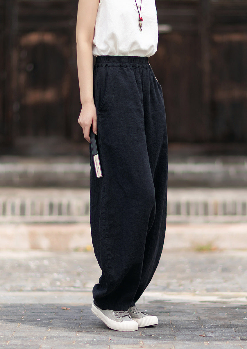 Summer Loose-Fit Zen-Inspired Boho Retro Elastic Waist Slimming Drapey Casual Pants Linen Bell-Bottom Pants 20260511