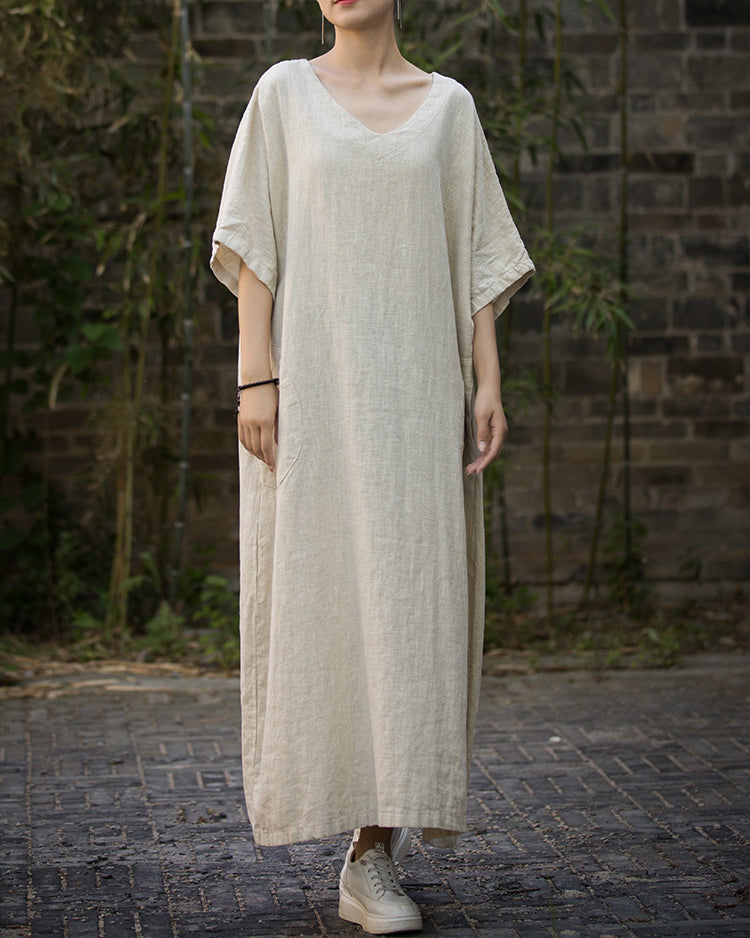 Women loose cotton linen dress plus, V-Neck Handmade Tie-Dye Dress,Loose Cotton Linen Dress 20240714