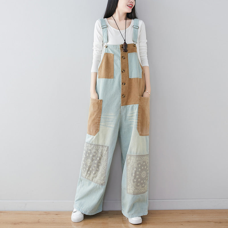 Patchwork Printed Cotton Overalls,Women's Denim Overalls,Stonewashed Loose Overalls