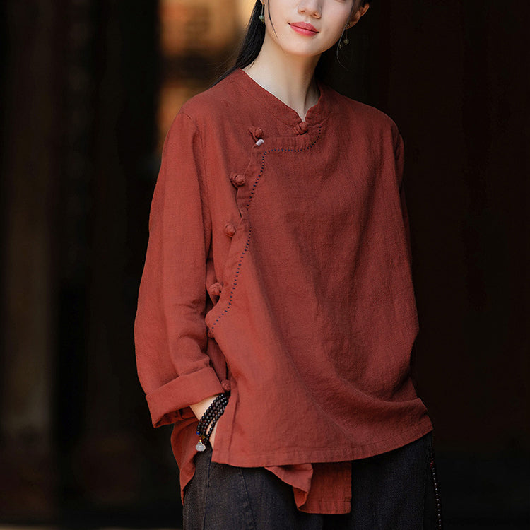 Women's Vintage Chinese Long Sleeve Cotton Linen Shirt with Embroidery Boat Neck Loose Casual Shirt 20240920