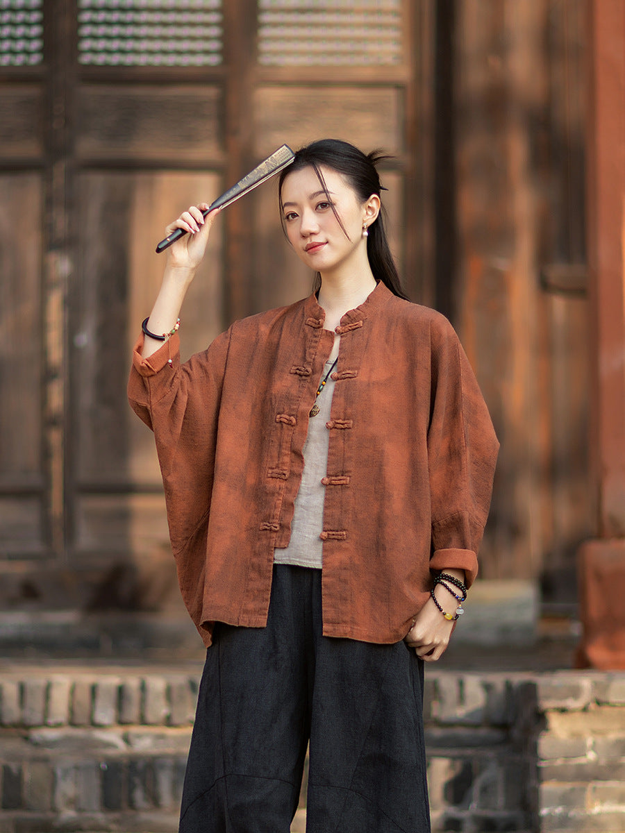 2026 Spring New Arrival: Original Cotton-Ramie Shirt for Women, Vintage Stand-Up Collar Ombré Chinese-Style Wrap-Front Cardigan