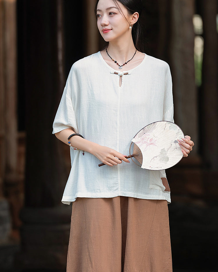 Frog button V-neck patchwork cotton  linen T-shirt, summer Chinese retro women sandwashed loose cotton  linen T-shirt 20240728