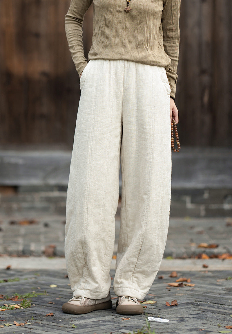 2026 Winter New Original Cotton-Linen Women's Retro, Versatile, Slimming, Elastic-Waist, Loose-Fitting, Casual, Patchwork Straight-Leg Pants