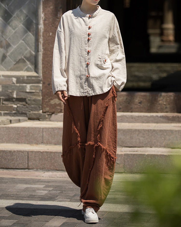 Summer cotton linen Chinese stand-up collar shirt, sandwashed frog button women's long-sleeved shirt 20240714
