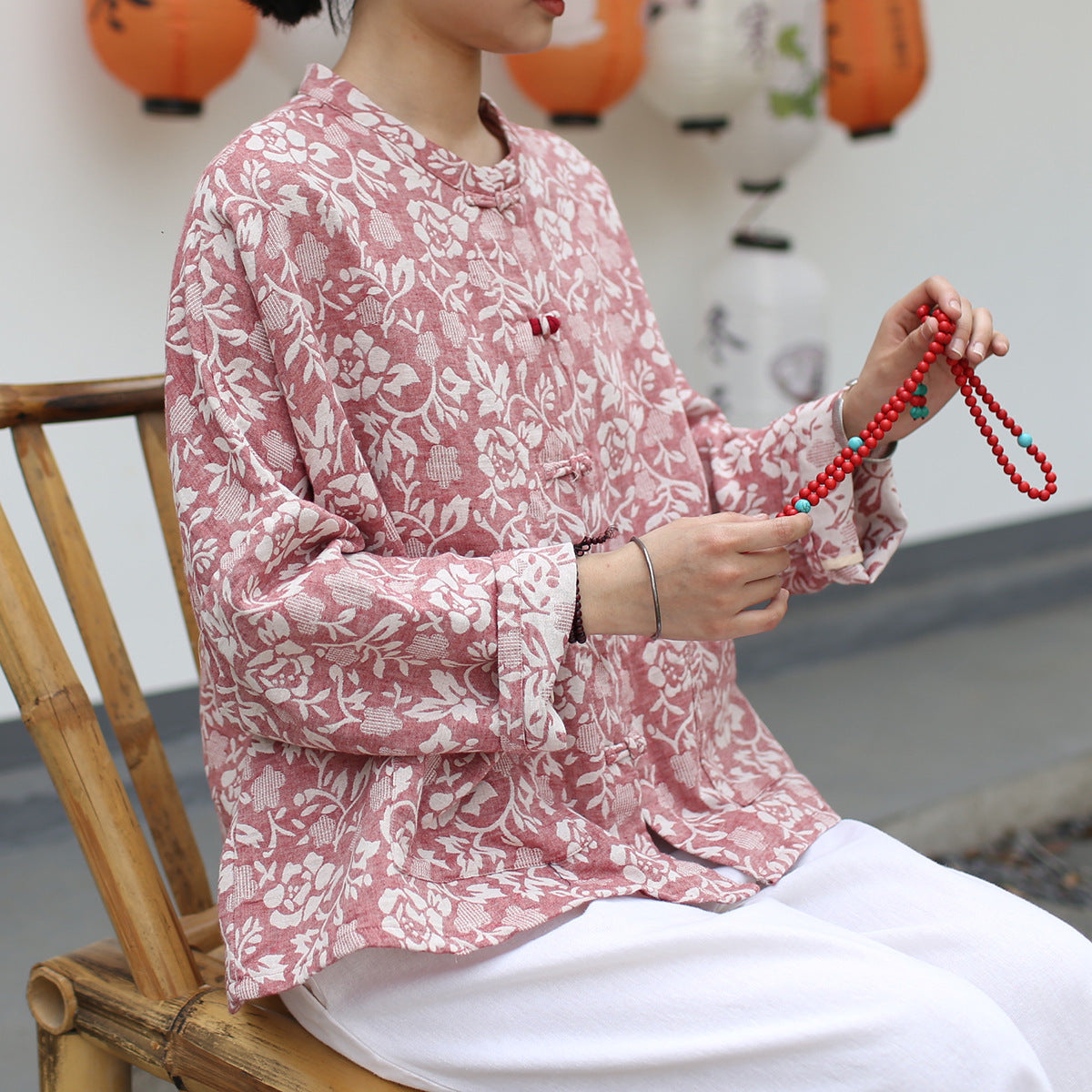 Vintage Chinese Standing Collar Loose Frog Button Shirt,  Printed  flower Cotton  Linen Jacket 20250408