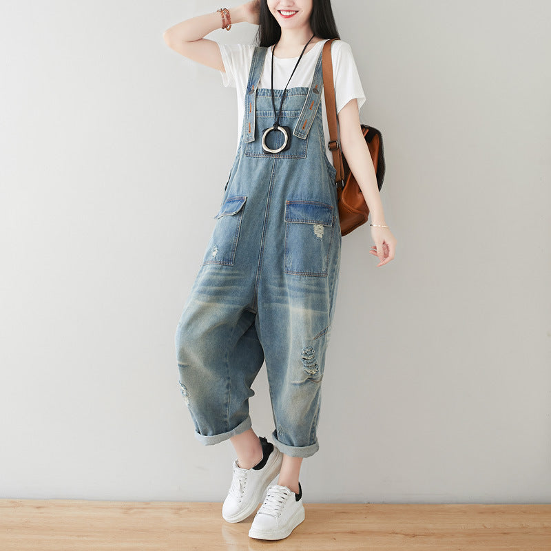 Cotton overalls, women's denim overalls, stonewashed loose overalls