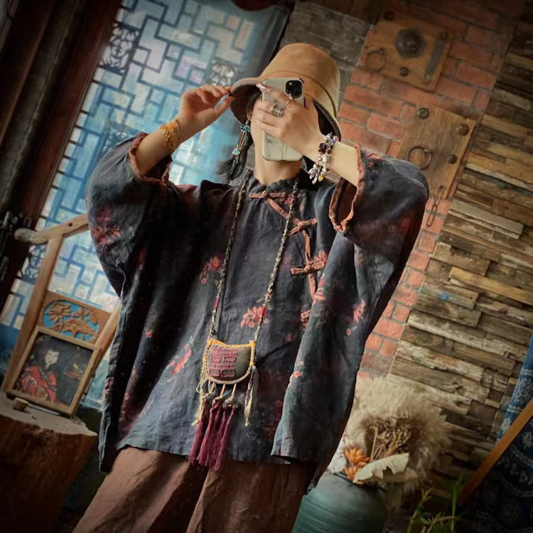 Printed linen  shirt,vintage washed linen shirt,casual linen shirt plus size