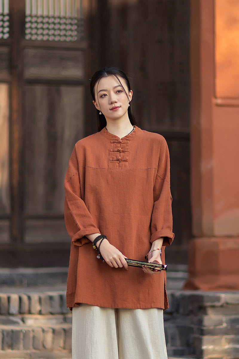 2026 Spring Retro Mandarin Collar Button-Down Cotton-Linen Blouse for Women: Chinese-Style Zen-Inspired Tea Ceremony Pullover, Ramie Stand-Up Collar Long-Sleeve Shirt
