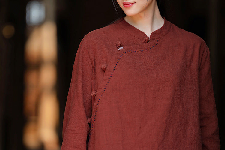 Women's Vintage Chinese Long Sleeve Cotton Linen Shirt with Embroidery Boat Neck Loose Casual Shirt 20240920