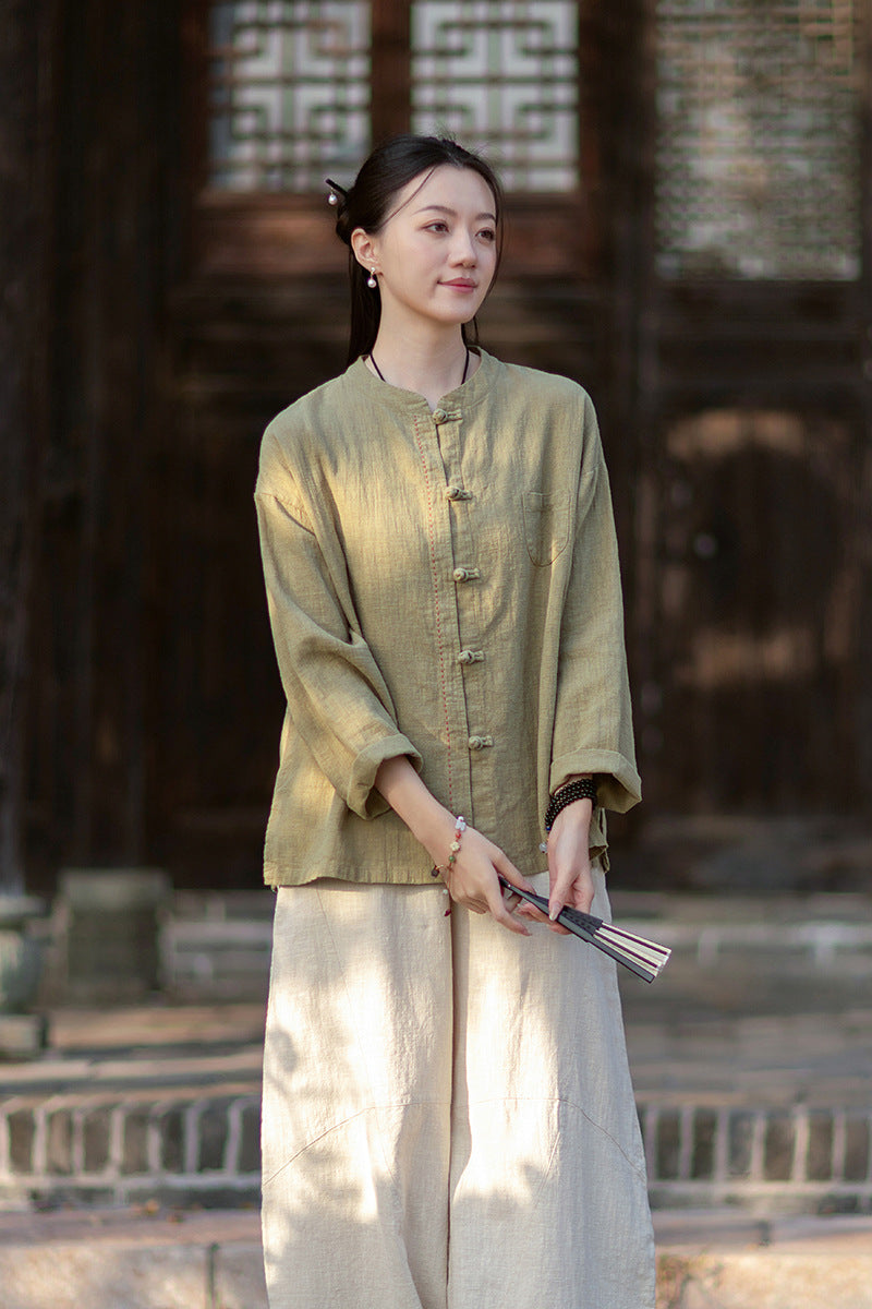 2026 Spring Cotton-Linen Women's New Chinese-Style Ramie Blouse, Loose-Fitting Cotton-Linen Button-Down Shirt with Chinese-Style Buttons, Modernized Tang-Style Jacket