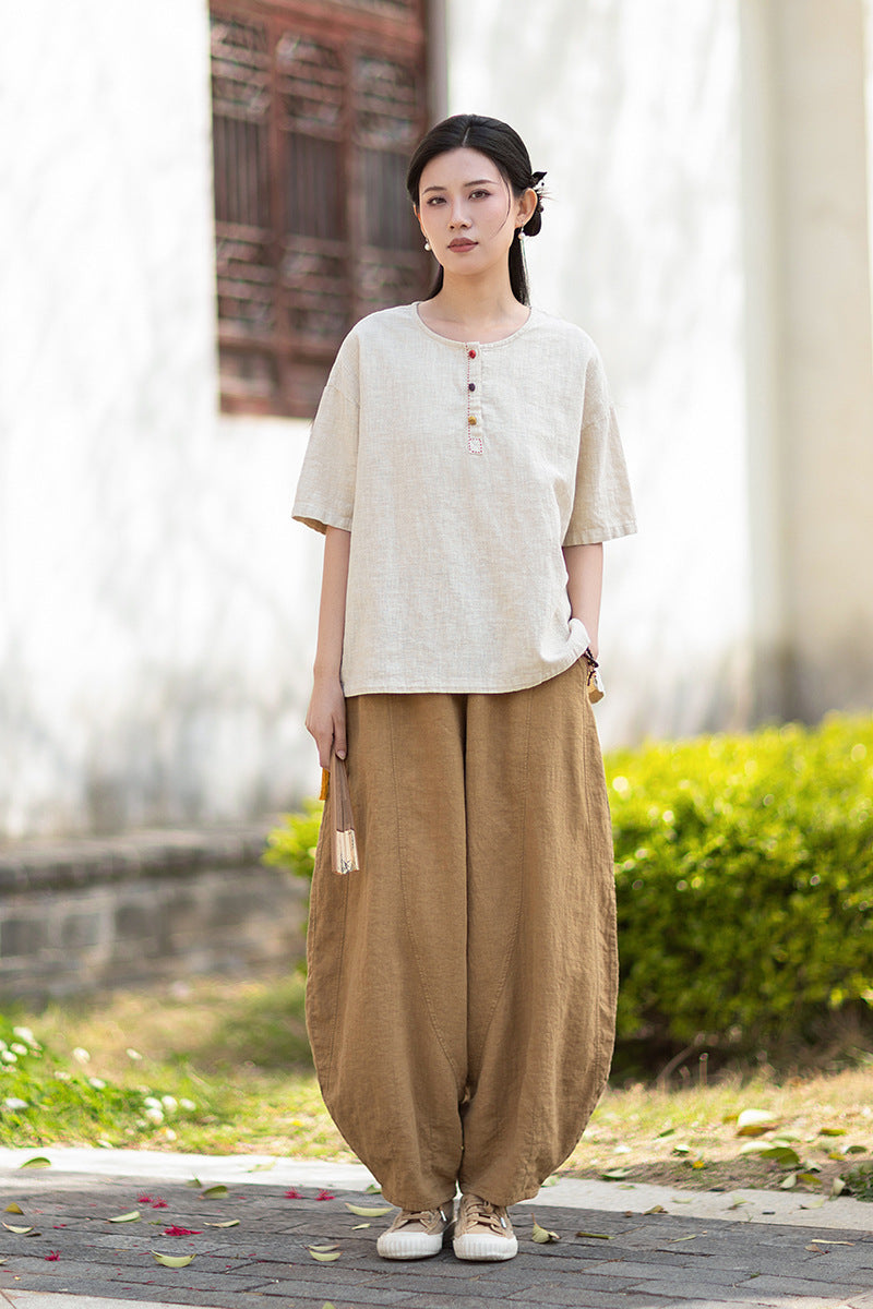Round-Neck Chinese-Style Blouse: New Summer Style, Retro-Chic, Stitched Color-Blocking, Button-Front Short-Sleeve T-Shirt 20260511