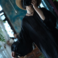 High Quality Personalized Black Pure Ramie Loose Lantern Sleeve Dress 240621