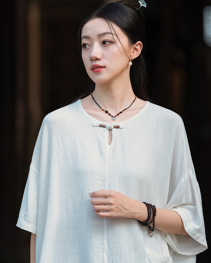 Frog button V-neck patchwork cotton  linen T-shirt, summer Chinese retro women sandwashed loose cotton  linen T-shirt 20240728