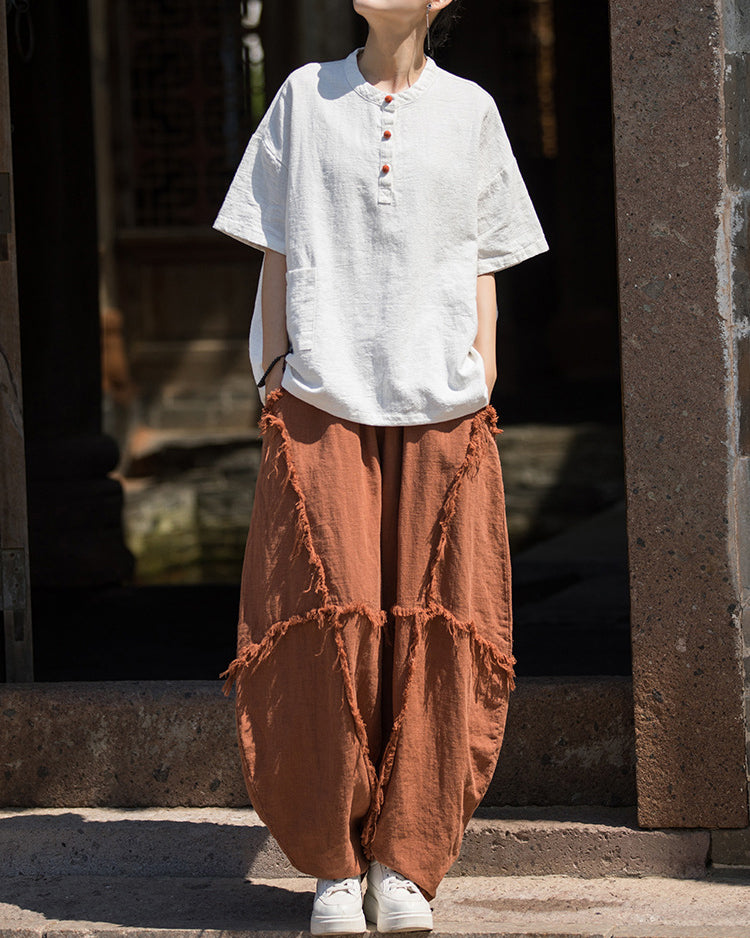 Summer Cotton Chinese t-shirt,cotton linen Washed Plate Button Women's Short Sleeve T-Shirt 20240714