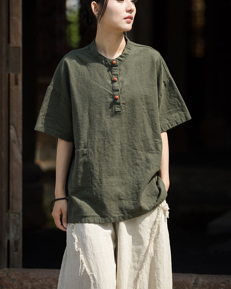 Summer Cotton Chinese t-shirt,cotton linen Washed Plate Button Women's Short Sleeve T-Shirt 20240714