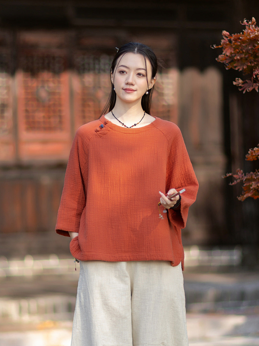 2026 Spring New Arrival: Retro-Chic Cotton-Linen Women's Round-Neck Color-Blocked Button-Down Blouse, Pullover T-Shirt