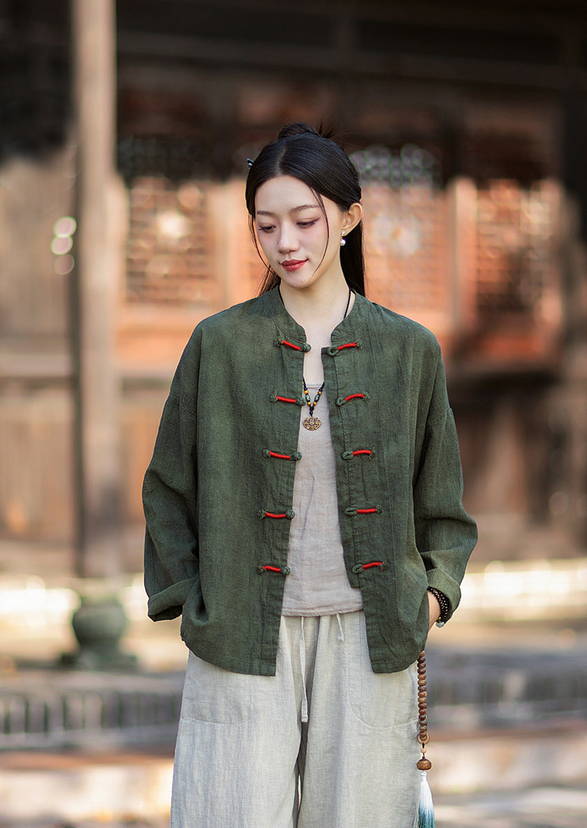 2026 Spring New Arrival: Chinese-Style Retro Double-Breasted Color-Blocked Button-Down Shirt, Women's Modernized Stand-Up Collar Ombre-Dye Tang-Style Cardigan