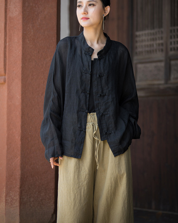 Summer Ramie Chinese Standing Collar Shirt,Sand Washed Frog Button Women's Long Sleeve Shirt 20240714