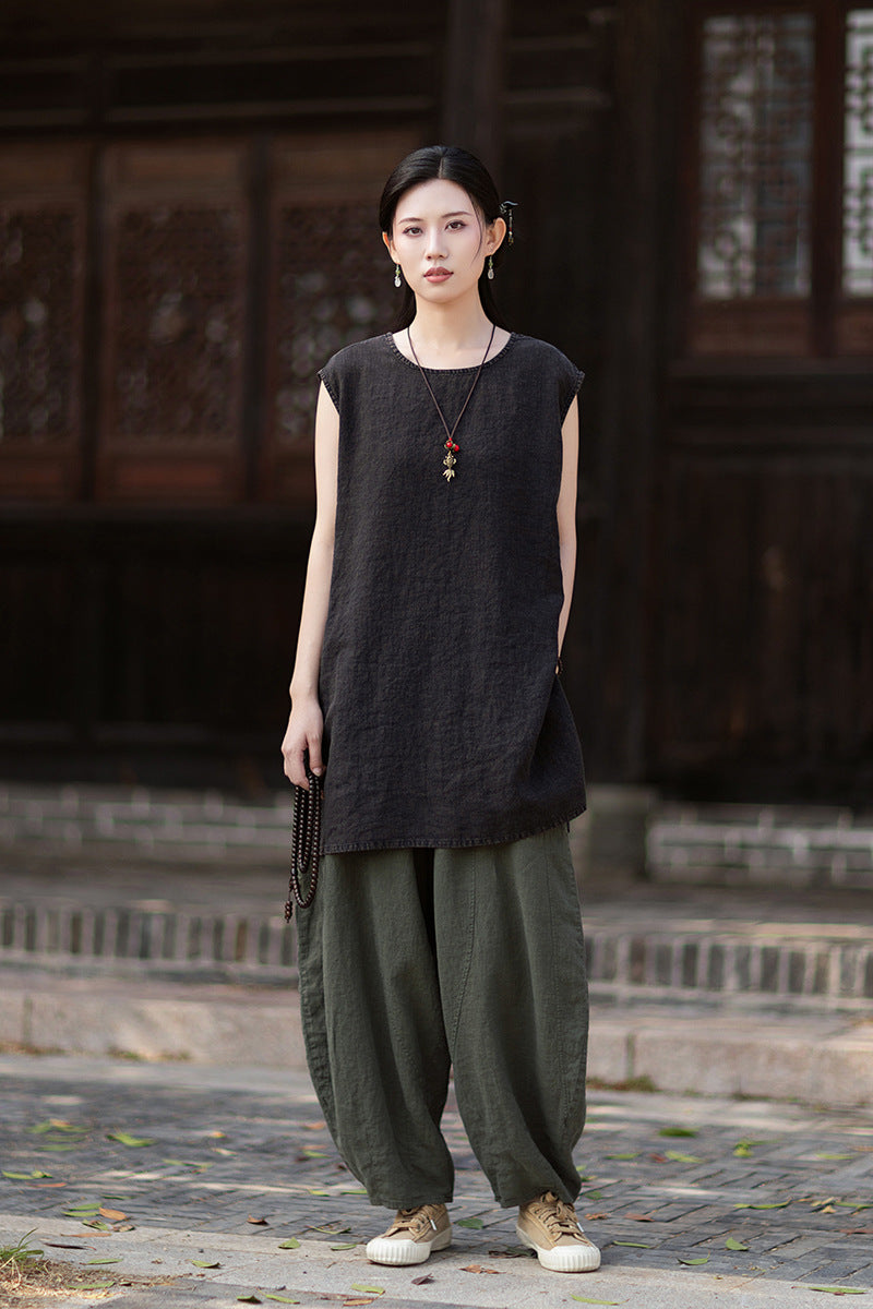 New Vintage-Style Ombré Distressed Versatile Lightweight Sleeveless Dress for Women: Round-Neck Linen Tank Dress 20260511