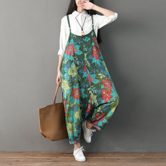 Printed floral cotton overalls, women's denim overalls, stonewashed loose overalls