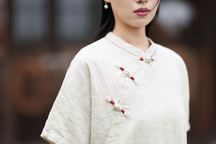 Women's Cotton-Linen Retro Zen-Inspired Stand-Collar Shirt with Stitched Buttonholes and Asymmetrical Hem 20260511