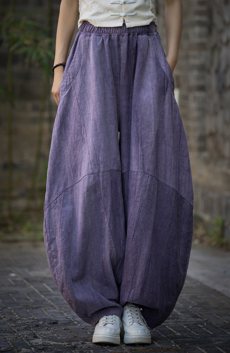 Ramie Handmade Tie-Dyed Loose Wide Leg Pants, Vintage Tapered Elastic Waist Lantern Pants 20240722