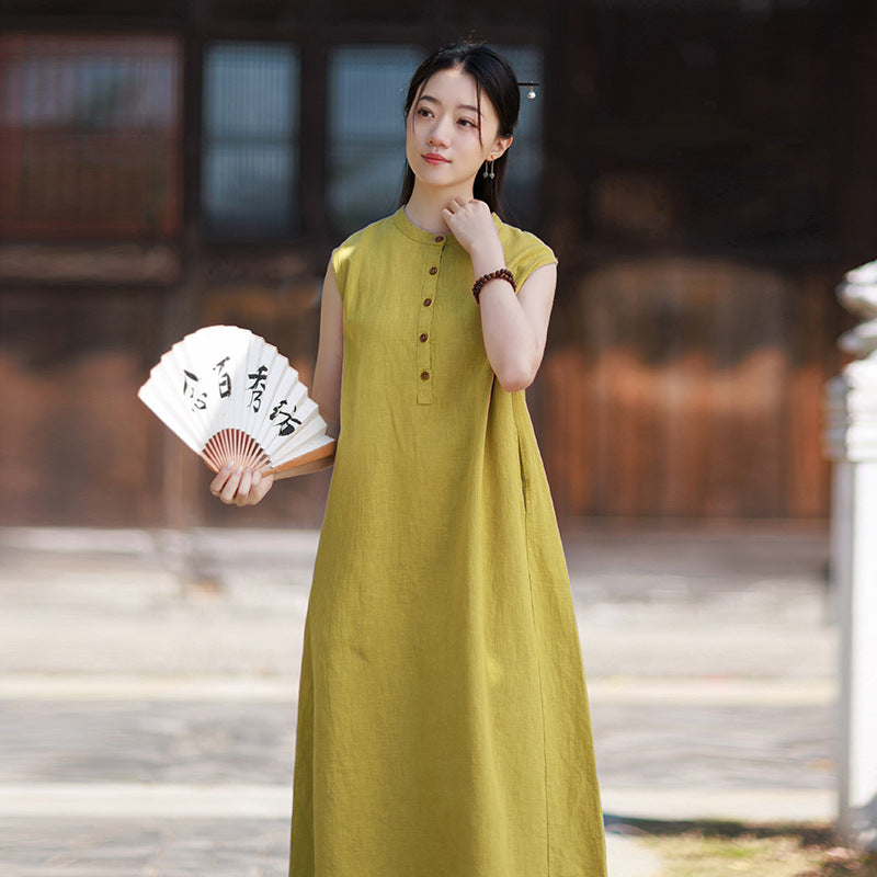 2026 Summer Women's Boho-Chic Dress: Loose-Fit, Sand-Washed Ramie Mid-Length Dress with a Zen-Inspired Aesthetic